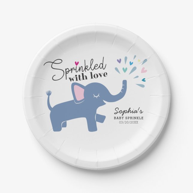 Sprinkled with Love Cute Elephant Baby Sprinkle Paper Plates (Front)