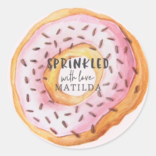 Sprinkled with love girly pink donut baby shower classic round sticker