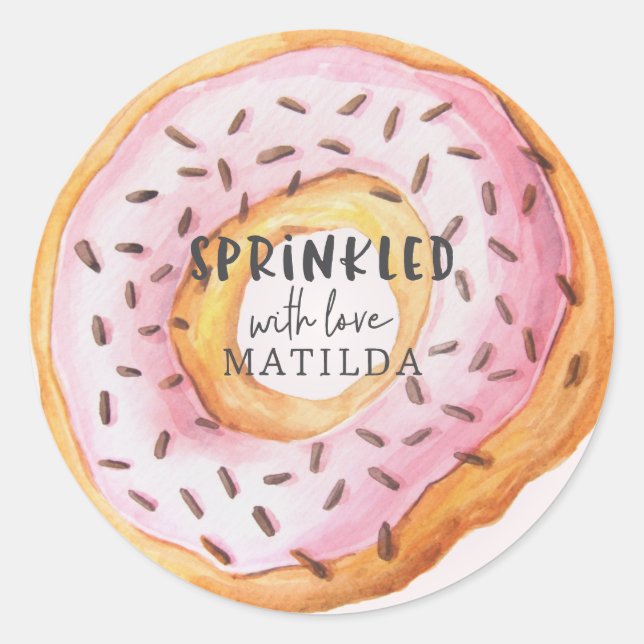 Sprinkled with love girly pink donut baby shower classic round sticker (Front)