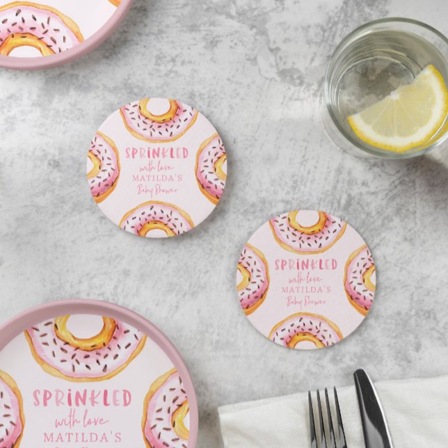 Sprinkled with love pink donut baby shower round paper coaster (Creator Uploaded)