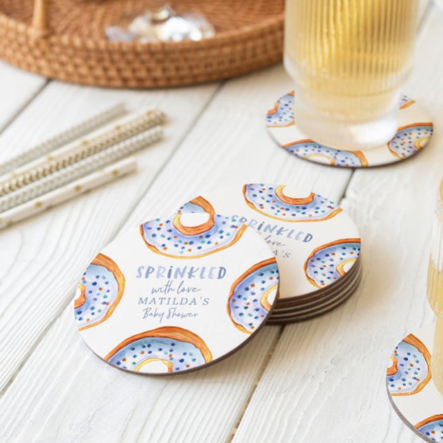 Sprinkled with love pink donut baby shower round paper coaster (Creator Uploaded)
