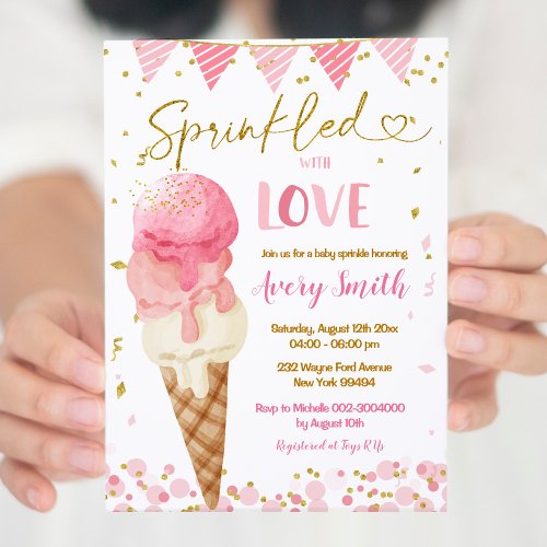 Sprinkled With Love Pink Ice Cream Baby Shower Invitation