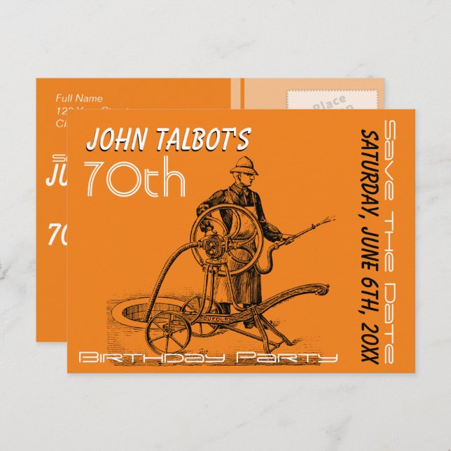 Sprinkler or Fireman 70th Birthday Save The Date Announcement Postcard (Front/Back)