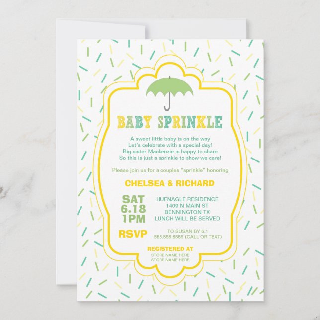 Sprinkles Baby Shower Invites green yellow teal (Front)