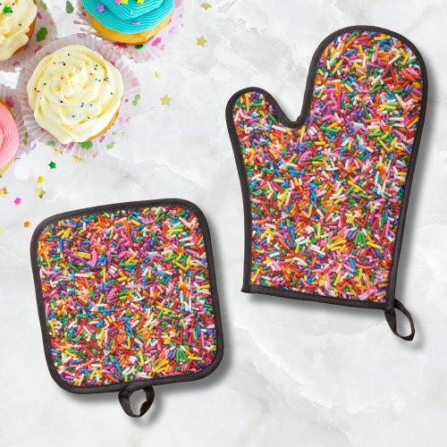 Sprinkles Candy Pink Girly Jimmies Rainbow Oven Mitt  Pot Holder Set
