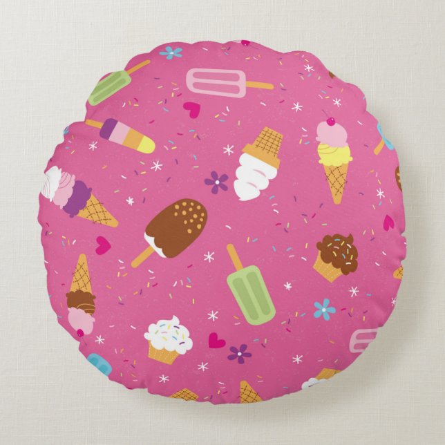 Sprinkles, cupcakes, ice cream, and popsicles scat round pillow (Front)