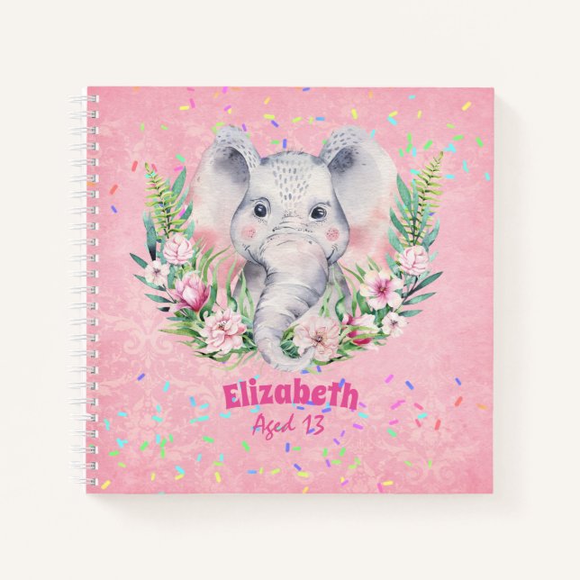 Sprinkles Elephant Boho Floral Girls NAMED Gift Notebook (Front)