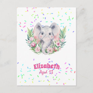 Sprinkles Elephant Boho Floral Girls NAMED Gift Postcard