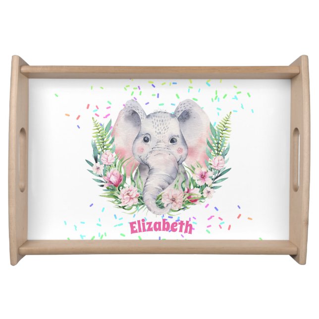 Sprinkles Elephant Boho Floral Girls NAMED Gift Serving Tray (Front)