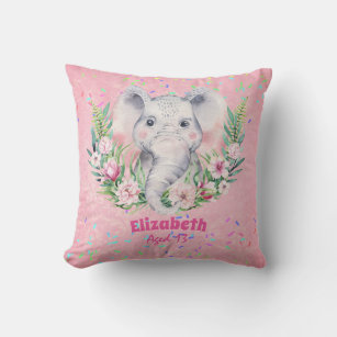 Sprinkles Elephant Boho Floral Girls NAMED Gift Throw Pillow