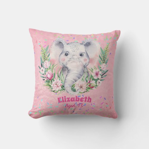 Sprinkles Elephant Boho Floral Girls NAMED Gift Throw Pillow