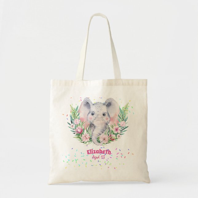 Sprinkles Elephant Boho Floral Girls NAMED Gift Tote Bag (Front)