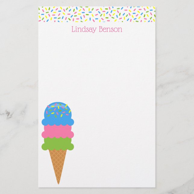 Sprinkles Ice Cream Cone Personalized Stationery (Front)