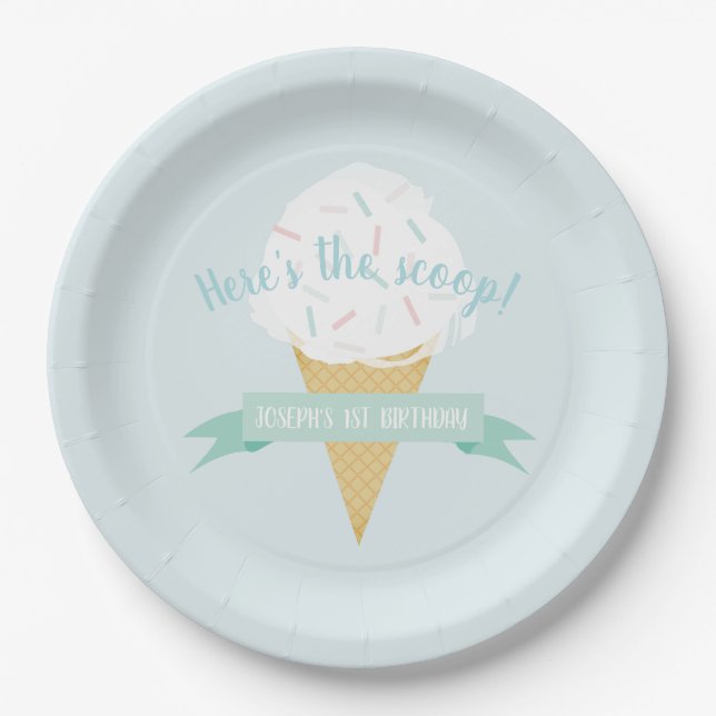 Sprinkles Ice Cream Here's the Scoop Birthday Paper Plates (Front)