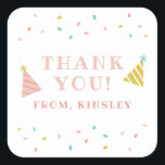 Sprinkles Kids Birthday Party Thank You Square Sticker<br><div class="desc">A festive kids birthday party thank you favor sticker featuring rainbow sprinkles and hand drawn party hats.</div>