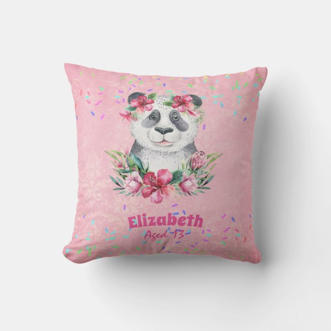 Sprinkles PANDA BEAR Pink Boho Flowers Girls Named Throw Pillow (Front)
