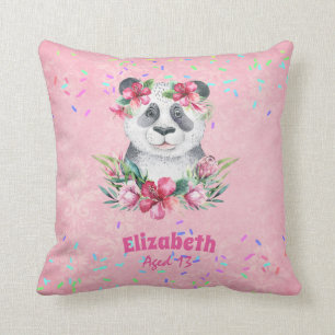 Sprinkles PANDA BEAR Pink Boho Flowers Girls Named Throw Pillow