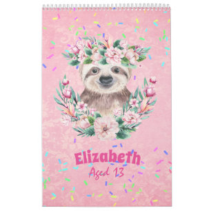 Sprinkles SLOTH Boho Girls Pink Flowers Gifts Cute Calendar