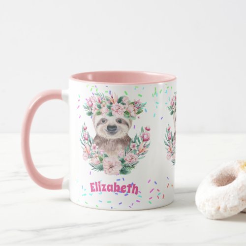 Sprinkles SLOTH Boho Girls Pink Flowers Gifts Cute Mug