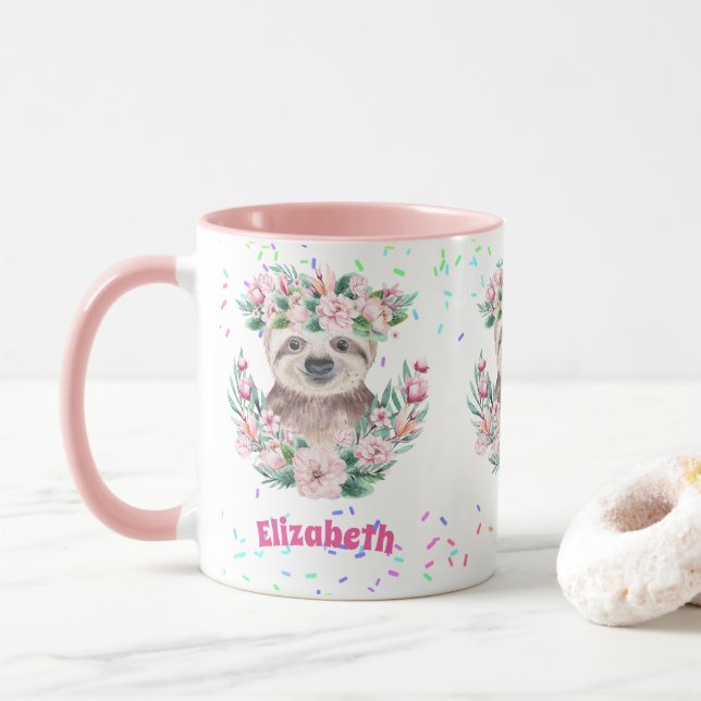 Sprinkles SLOTH Boho Girls Pink Flowers Gifts Cute Mug (With Donut)