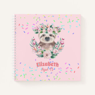 Sprinkles SLOTH Boho Girls Pink Flowers Gifts Cute Notebook