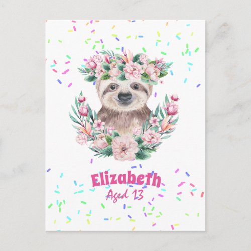 Sprinkles SLOTH Boho Girls Pink Flowers Gifts Cute Postcard