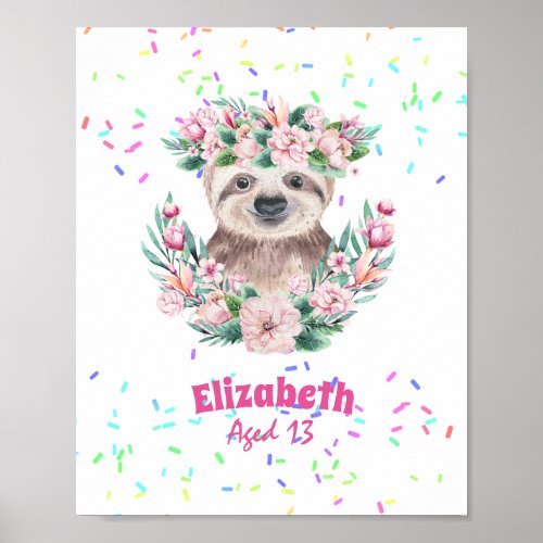 Sprinkles SLOTH Boho Girls Pink Flowers Gifts Cute Poster