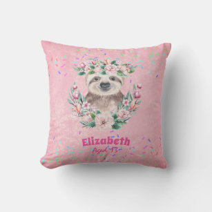Sprinkles SLOTH Boho Girls Pink Flowers Gifts Cute Throw Pillow