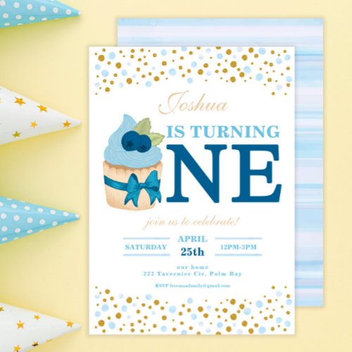 Sprinkles Sweet Blueberry Cupcake 1st Birthday  Invitation