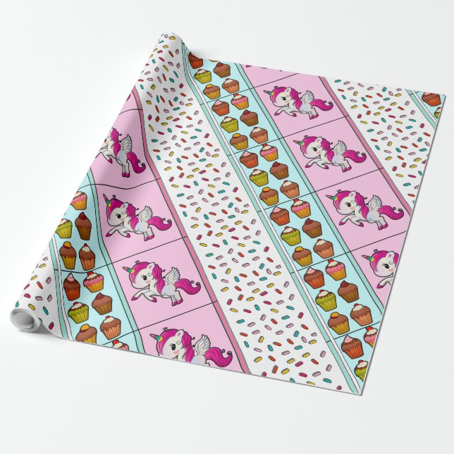 Sprinkles, Unicorns and Cupcakes Gift Wrap (Unrolled)