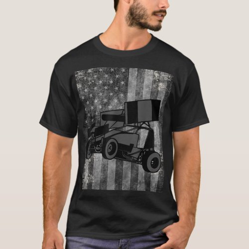 Sprint Car Racing Black Grey American Flag Dirt Tr T_Shirt