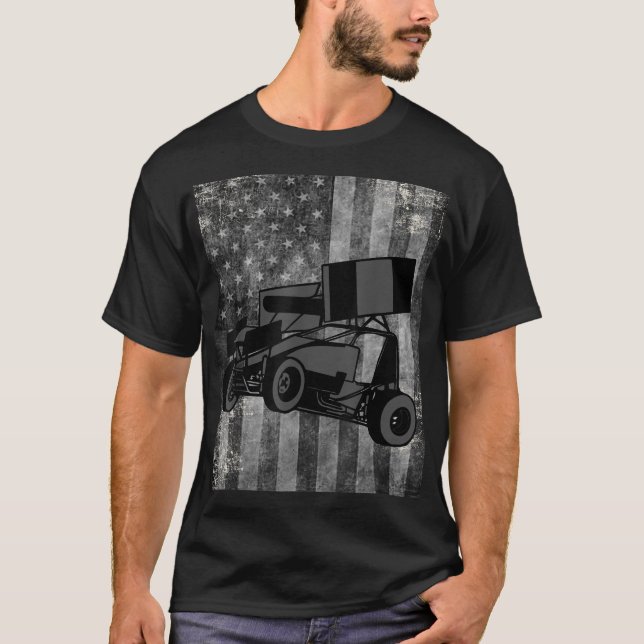 Sprint Car Racing Black Grey American Flag Dirt Tr T-Shirt (Front)