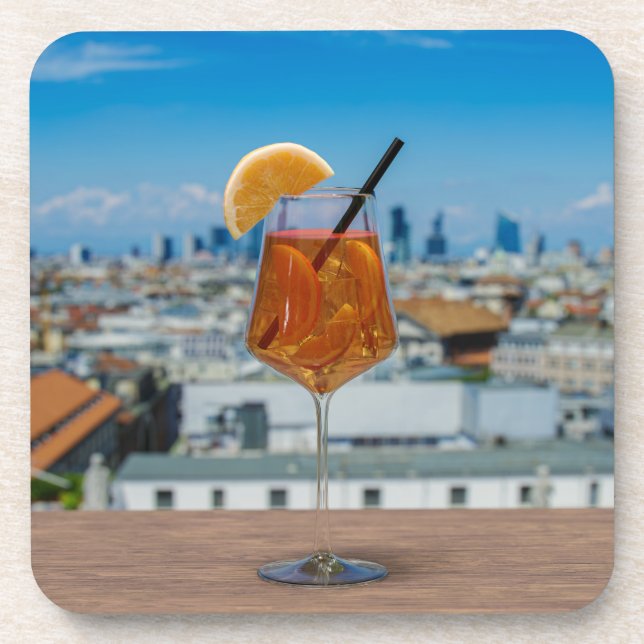 Spritz cocktail on a table with view of Milan Beverage Coaster (Front)