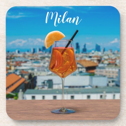 Spritz cocktail on a table with view of Milan Beverage Coaster