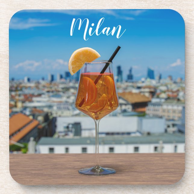 Spritz cocktail on a table with view of Milan Beverage Coaster (Front)