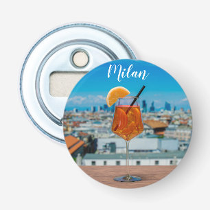 Spritz cocktail on a table with view of Milan Bottle Opener