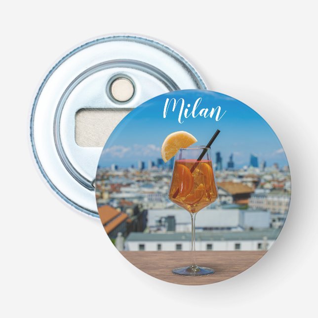 Spritz cocktail on a table with view of Milan Bottle Opener (Front)