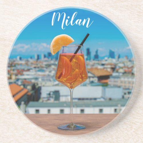 Spritz cocktail on a table with view of Milan Coaster