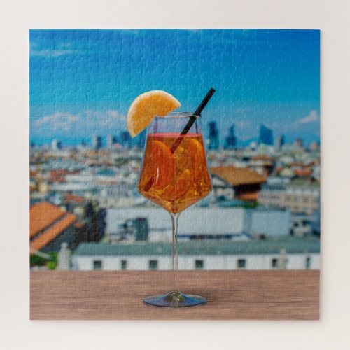 Spritz cocktail on a table with view of Milan Jigsaw Puzzle