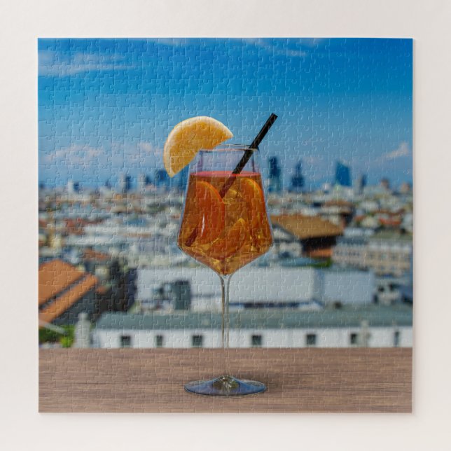 Spritz cocktail on a table with view of Milan Jigsaw Puzzle (Vertical)