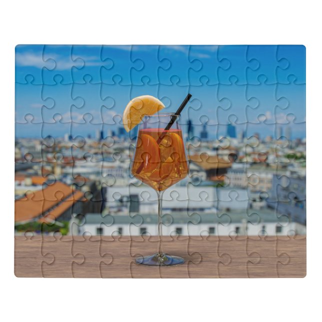 Spritz cocktail on a table with view of Milan Jigsaw Puzzle (Puzzle Horizontal)