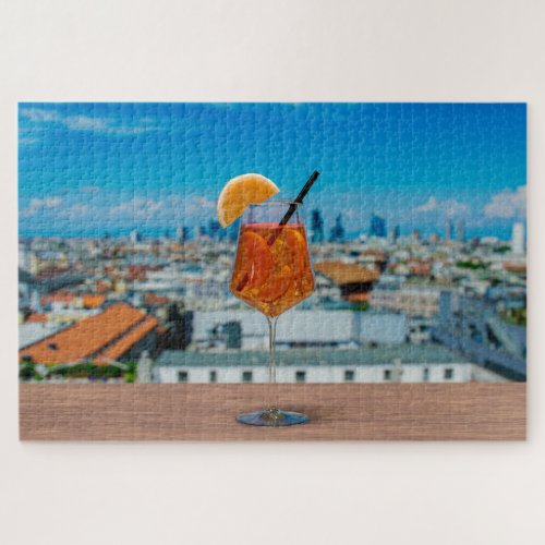 Spritz cocktail on a table with view of Milan Jigsaw Puzzle