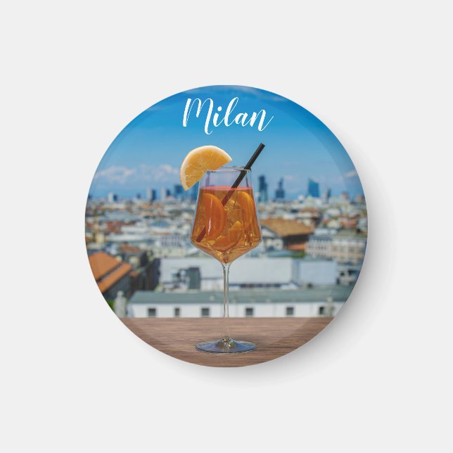 Spritz cocktail on a table with view of Milan Magnet (Front)