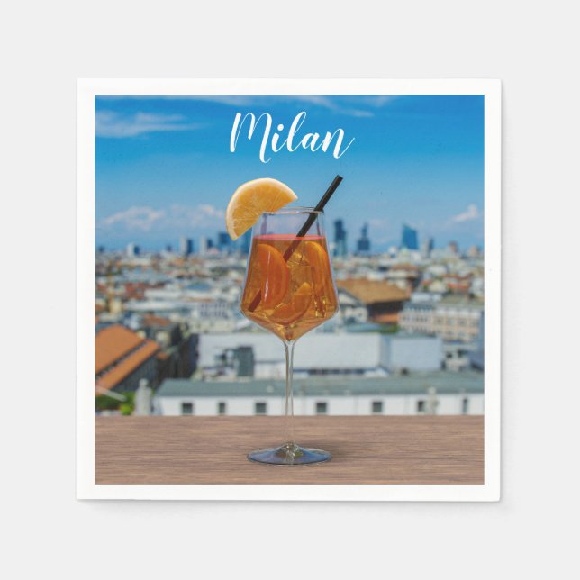 Spritz cocktail on a table with view of Milan Napkins (Front)