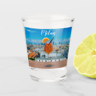 Spritz cocktail on a table with view of Milan Shot Glass