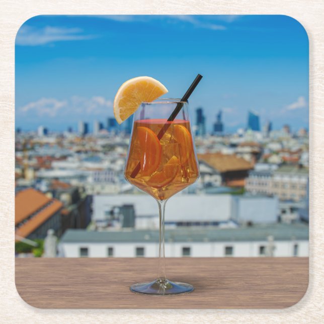 Spritz cocktail on a table with view of Milan Square Paper Coaster (Front)