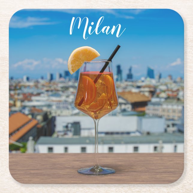 Spritz cocktail on a table with view of Milan Square Paper Coaster (Front)