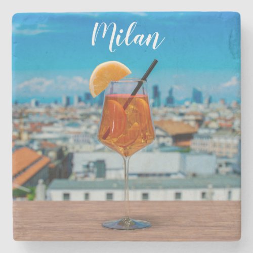 Spritz cocktail on a table with view of Milan Stone Coaster