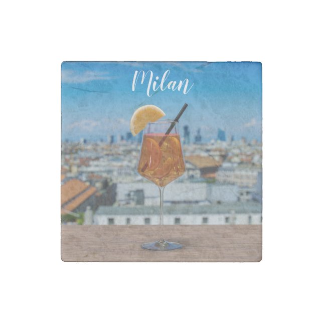 Spritz cocktail on a table with view of Milan Stone Magnet (Front)