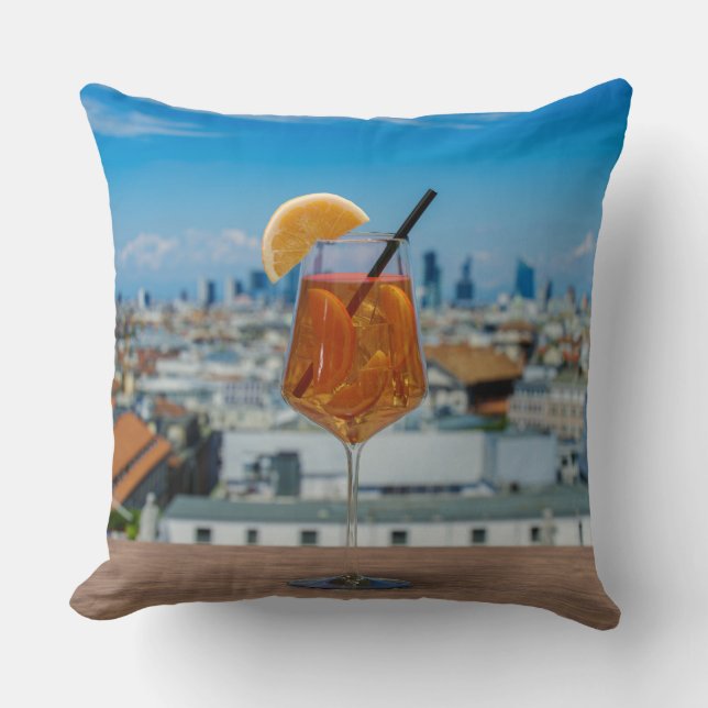 Spritz cocktail on a table with view of Milan Throw Pillow (Front)